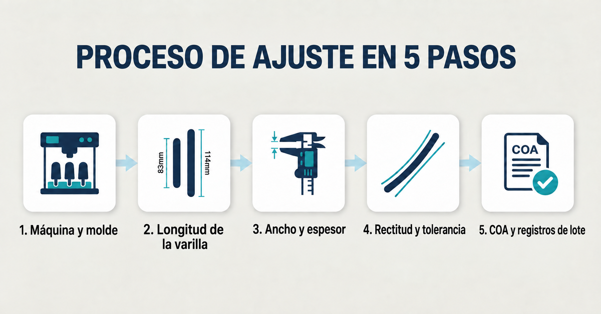 Proceso de adaptación del palito de helado en cinco pasos: máquina y molde, longitud del palito, ancho y grosor, rectitud y tolerancia, y después COA y registros de lote