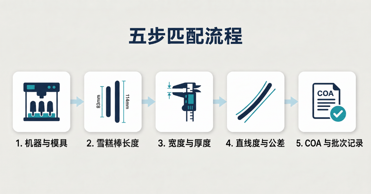 五步雪糕棒匹配流程:机器与模具、棒长、宽度与厚度、直线度与公差,再到 COA 与批次记录