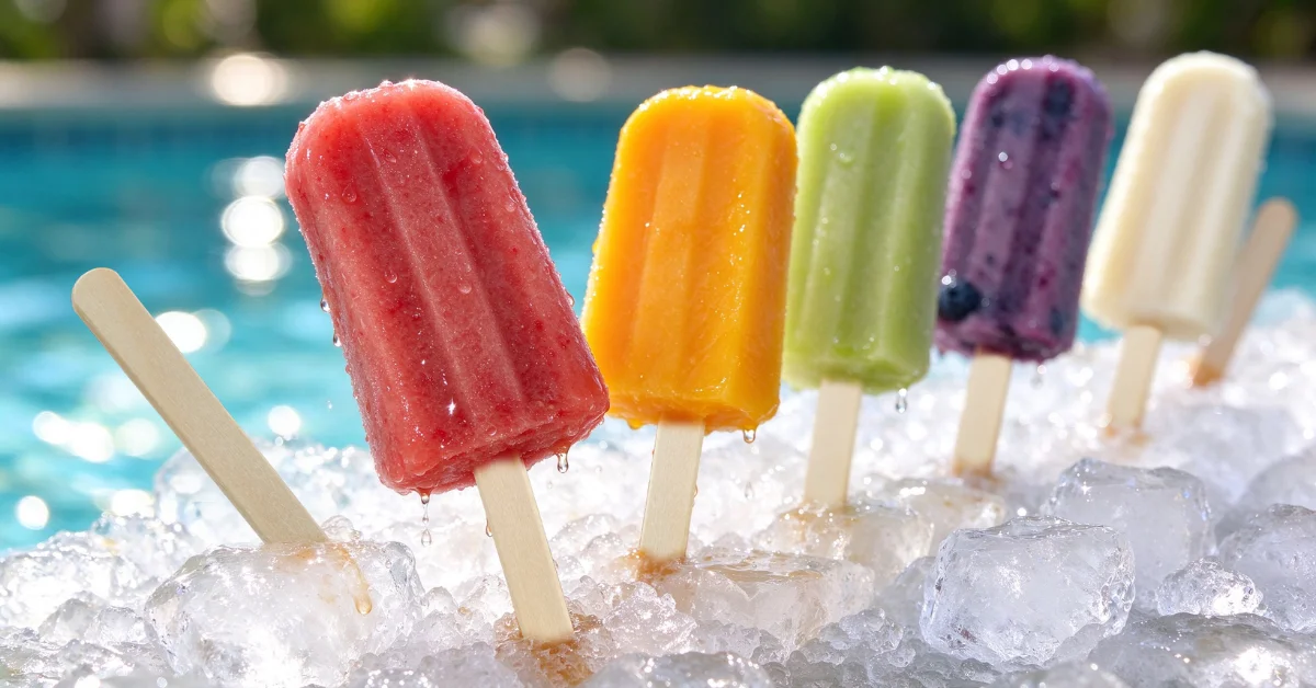 Wooden ice cream sticks inserted into five fruit ice lollies resting on crushed ice at a poolside