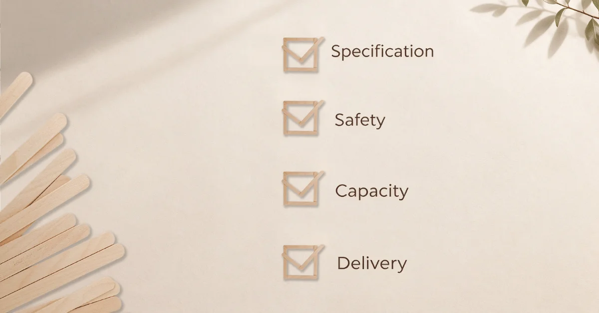 Four-point pre-order checklist graphic listing Specification, Safety, Capacity and Delivery beside a fan of wooden ice cream sticks