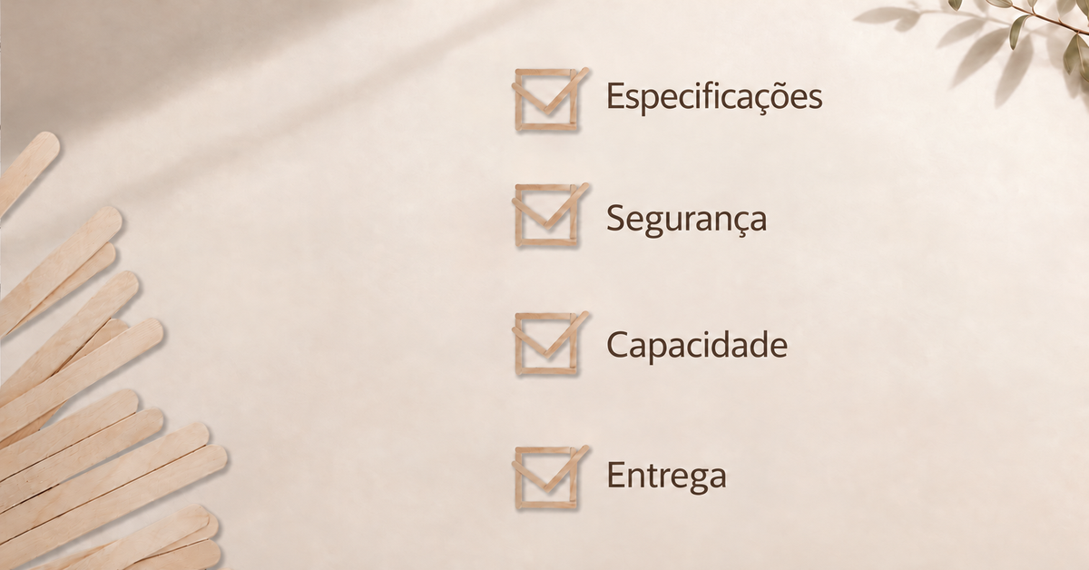Gráfico de verificação de quatro pontos antes do pedido com Especificação, Segurança, Capacidade e Entrega ao lado de um leque de palitos de sorvete de madeira