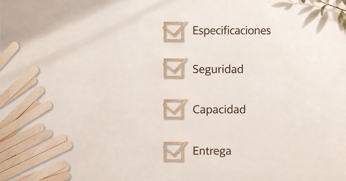 Gráfico de verificación de cuatro puntos antes del pedido con Especificación, Seguridad, Capacidad y Entrega junto a un abanico de palitos de helado de madera