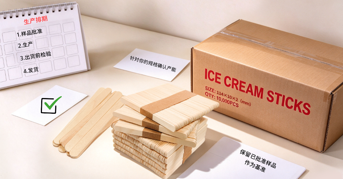 已批准的木制雪糕棒留样,放在贴着 ICE CREAM STICKS 114x10x2 mm QTY 10,000 PCS 标签的纸箱旁,旁边是生产计划清单