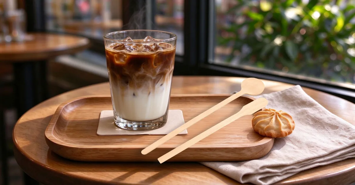 Agitador de café de madera dentro de un latte en una taza de cafetería