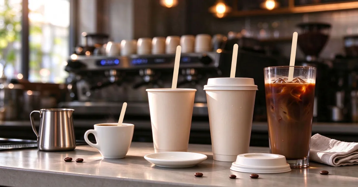 Agitadores de café de madera con vasos de papel para llevar en la barra de una cafetería