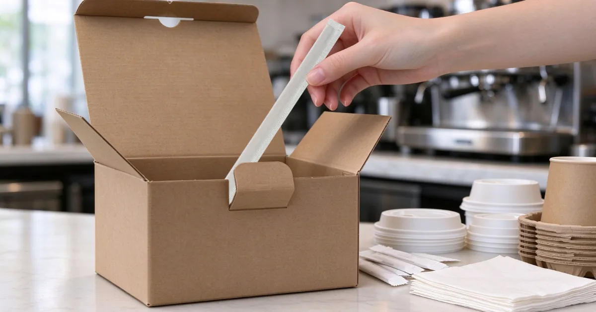 Agitadores de café de madera envueltos individualmente en papel y colocados en una caja