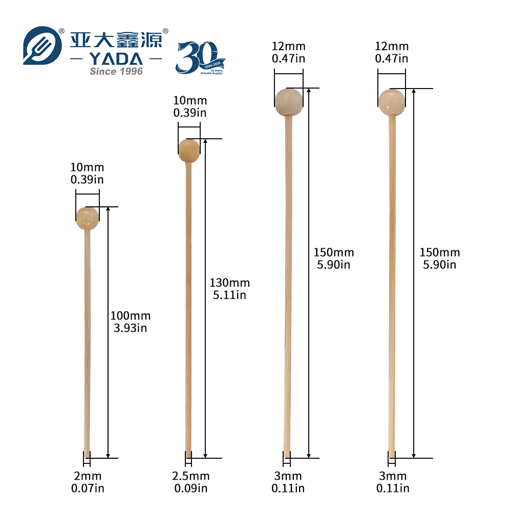 Three lengths of birch candy sticks with ball head: 100mm, 130mm and 150mm