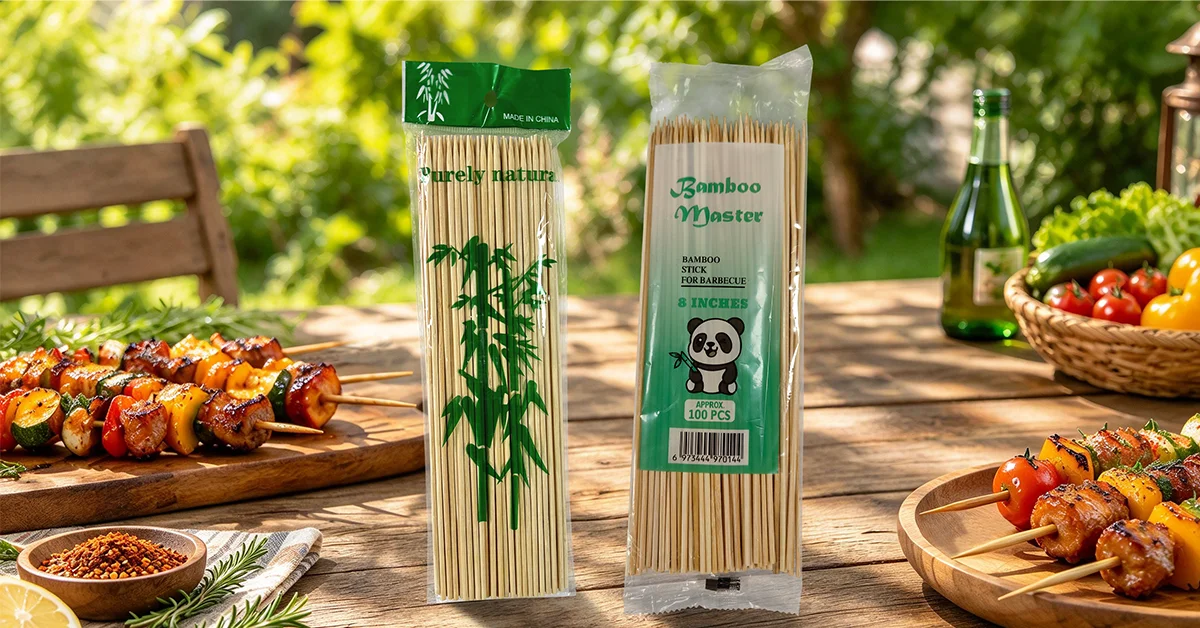 两袋印刷零售装竹签立在户外木桌上，旁边是烤好的肉串