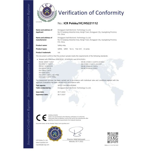 ICR Certificate of Safety Relay (CE marking)