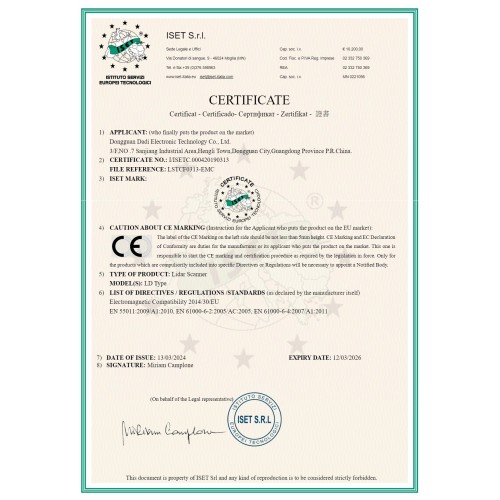 Certificat ISET du scanner Lidar (marquage CE)