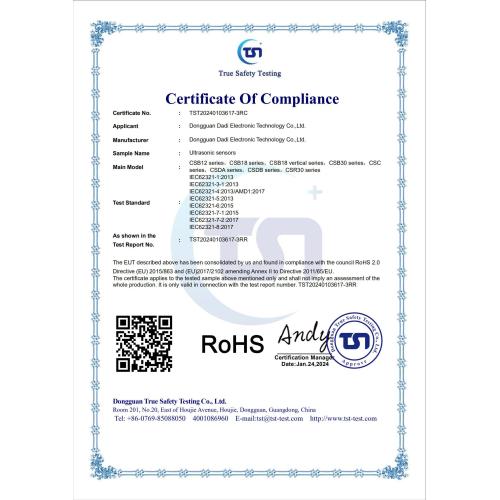 Certificat RoHS des capteurs à ultrasons
