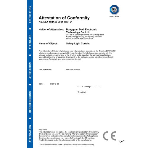 Certificat TÜV de rideau lumineux de sécurité