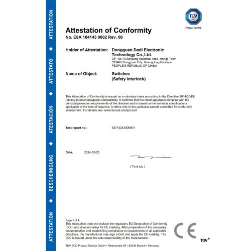 Certificat TÜV des interrupteurs/verrouillages de sécurité