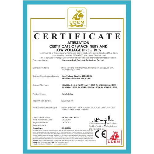 Certificat UDEM de relais de sécurité (marquage CE)