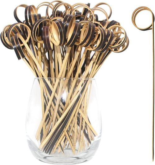 FSC  Bamboo Cocktail Picks 100 PCS Black Bamboo Skewers 6 Inch with Looped Ring,Food Picks,Party Toothpicks for Appetizers,Cocktail Drinks,Barbecue Snacks,Club Sandwiches