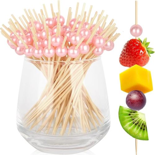 FSC 200PCS Cocktail Picks, Pink Pearl Toothpicks for Appetizers, 4.7 IN Fancy Bamboo Fruit Skewers Wood Food Sticks for Valentines Galentines Day Decorations Party Supplies Decor Charcuterie Accessories