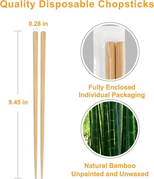 Eco-Friendly  100 Pairs Bamboo Chopsticks Disposable | Individually Wrapped | Bulk | Separated | Round | Premium Quality-（9.45in)