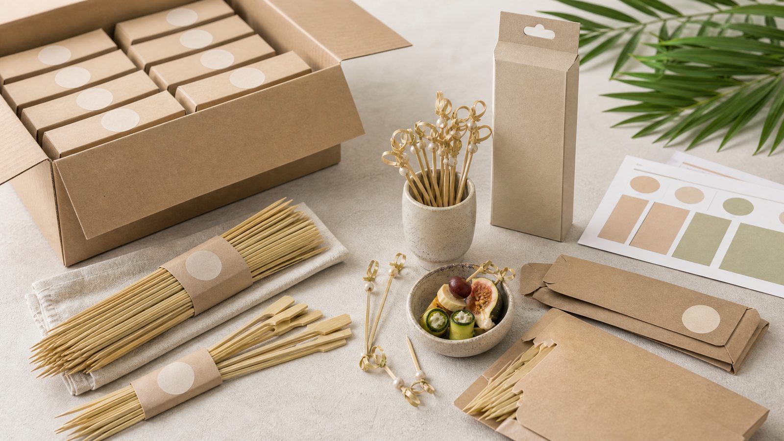An assortment of natural bamboo skewers and food picks for restaurants, catering, bars and wholesale buyers