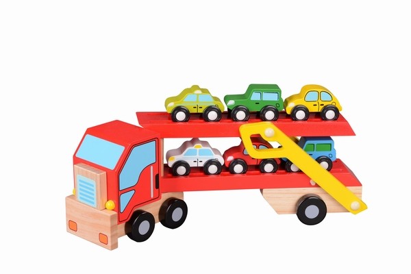 Car Carrier Truck and Cars Wooden Toy Set With 1 Truck and 6 Cars Vehicle Toys, Push And Go Wooden Trucks For Toddlers And Kids Ages 3+