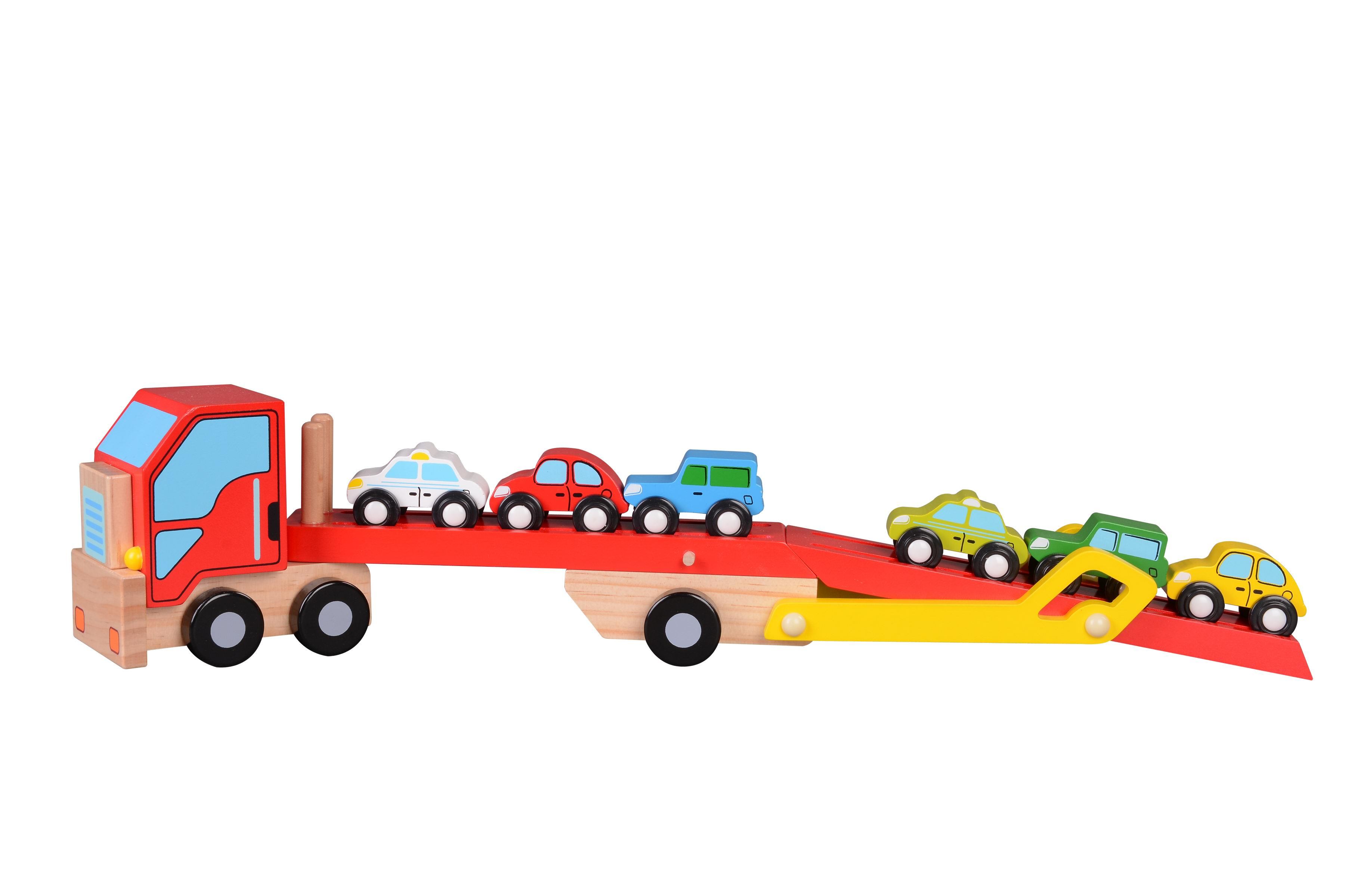 Car Carrier Truck and Cars Wooden Toy Set With 1 Truck and 6 Cars Vehicle Toys, Push And Go Wooden Trucks For Toddlers And Kids Ages 3+