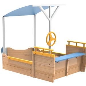 Outdoor Playing Wooden Sandbox For Kids Pirate with Cover Rudder Storage Bench Bottomless