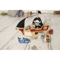 Forestoy Wooden Mini Pirate Ship Playset Pirate Toys Playset with Pirate Boat and Shark Figurines