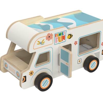 Wooden Camper Van with Detachable Surfboard  Fun Indoor Camping or Travel RV Adventure
