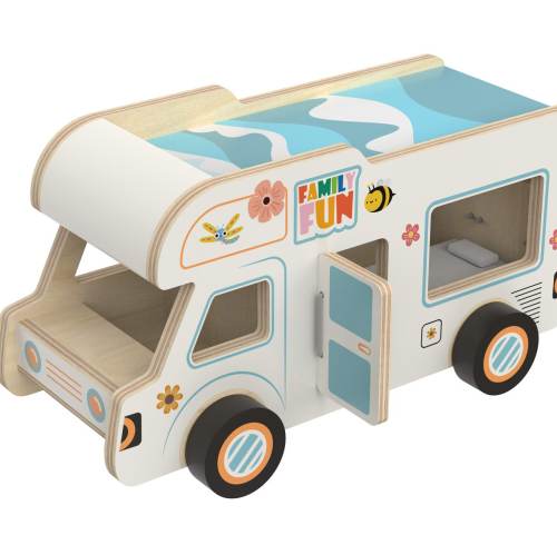 Wooden Camper Van with Detachable Surfboard  Fun Indoor Camping or Travel RV Adventure