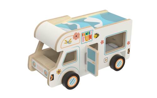 Wooden Camper Van with Detachable Surfboard  Fun Indoor Camping or Travel RV Adventure