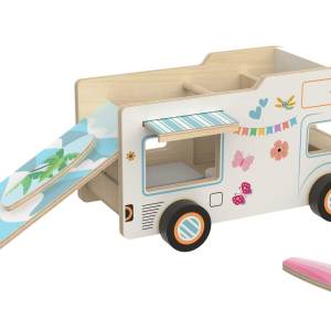Wooden Camper Van with Detachable Surfboard  Fun Indoor Camping or Travel RV Adventure