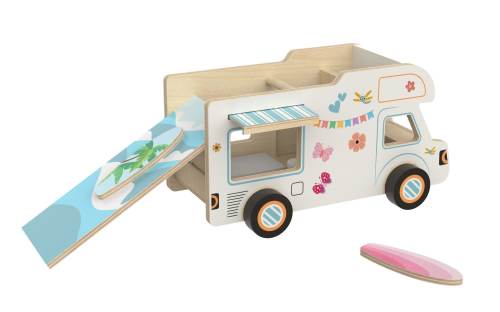 Wooden Camper Van with Detachable Surfboard  Fun Indoor Camping or Travel RV Adventure