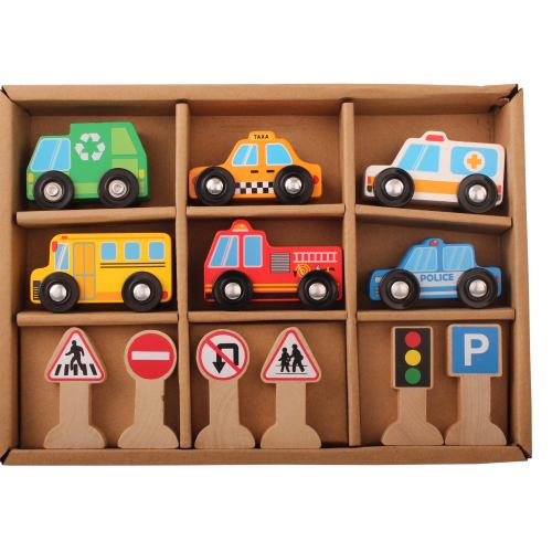 Wooden Vehicles and Traffic Signs With 6 Cars and 6 Signs Wooden Street Signs Cars Playset