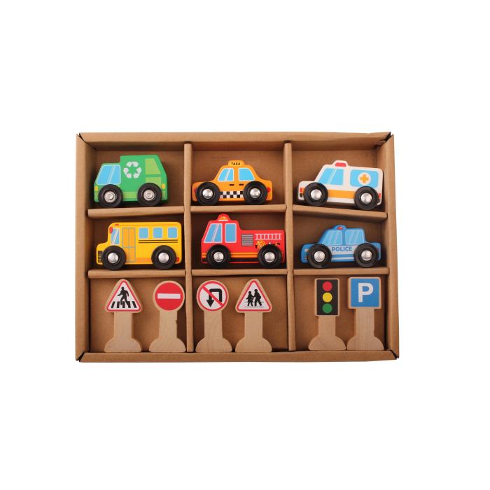 Wooden Vehicles and Traffic Signs With 6 Cars and 6 Signs Wooden Street Signs Cars Playset