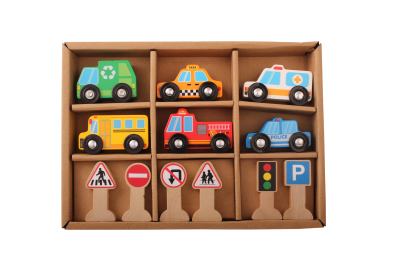 Wooden Vehicles and Traffic Signs With 6 Cars and 6 Signs Busy City Wooden Street Signs & Work Cars Playset with Slotted Storage Box