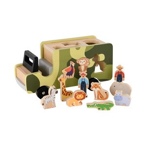 Safari Jeep Shape Sorter 2-in-1 Wooden Vechicle & Shape Sorter - 11 Piece Sorting Game with Jungle Animals  Playset For Kids 2Y+