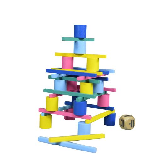 Wooden Tower Stacking Game Montessori Building Blocks with Dice Tower Toy