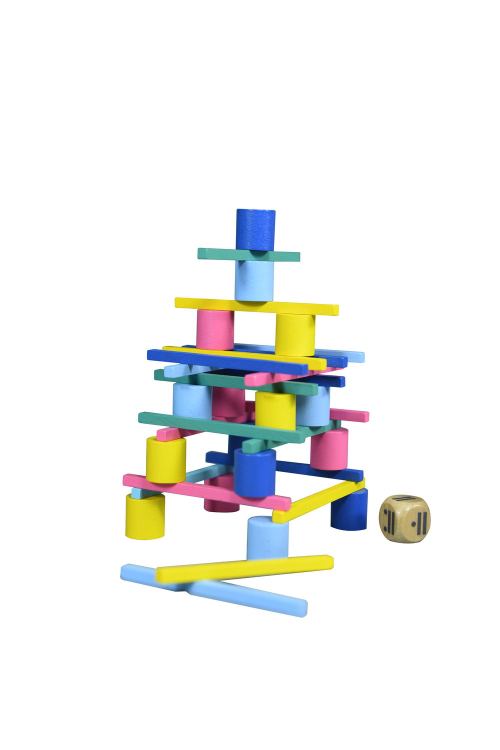 Wooden Tower Stacking Game, Fine Motor Skill Montessori Building Blocks with Dice Toppling Leaning Tower Toy Party Family Games for Kids and Adults