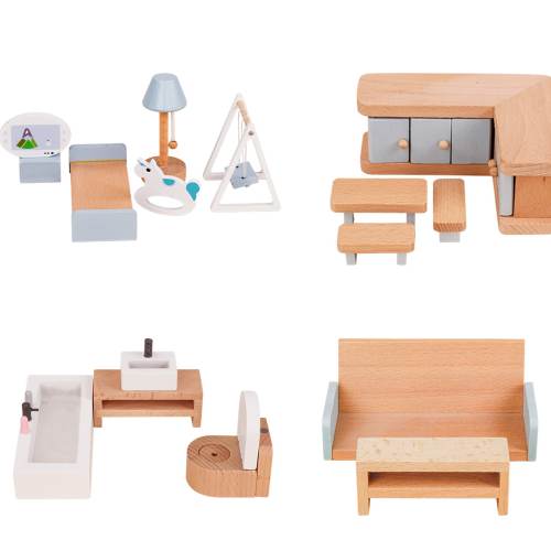 Wooden Miniature Dollhouse Furniture Set Bed Room Accessories Pretend Toys