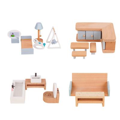 Wooden Miniature Dollhouse Furniture Set Bed Room Accessories Pretend Toys