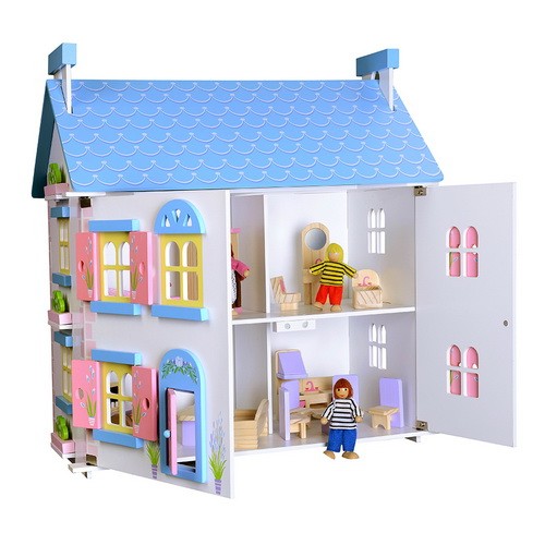 Forestoy Wooden 2 Storey Skyblue Dollhouse for Kids - Wooden Doll's House Amy's Cottage Pretend Dream House Cottage Suitable for Ages 3+