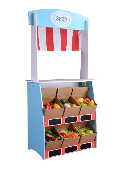 Forestoy Wooden 2 in 1 Theatre & Shop Wooden Play Shop and Theatre Supermarket Wooden Toy with Accessories Grocery Store Wooden Puppet Theatre