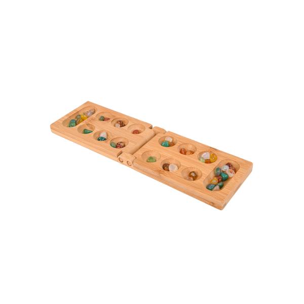 Juego de Mancala plegable de madera | Juguete de estrategia portátil | Madera y piedras preciosas, tablero plegable | OEM