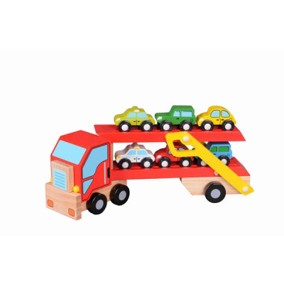 Wooden Car Carrier Truck and Cars Toy Set With 1 Truck and 6 Cars Vehicle Toys, Push And Go Wooden Trucks For Toddlers And Kids Ages 3+