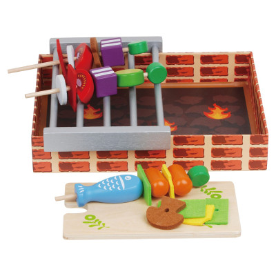 Wooden Barbecue Game set includes grill, utensils, and food pieces