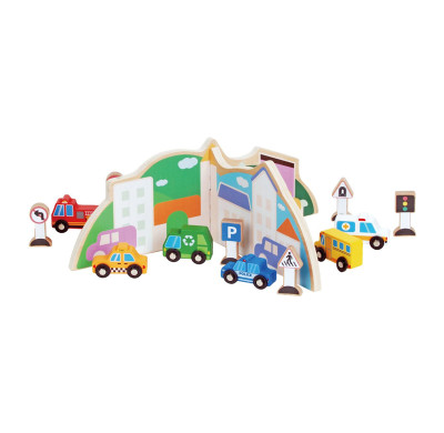Wooden City Traffic Play Set – Car, Sign, and Traffic Light Toy Set for Kids