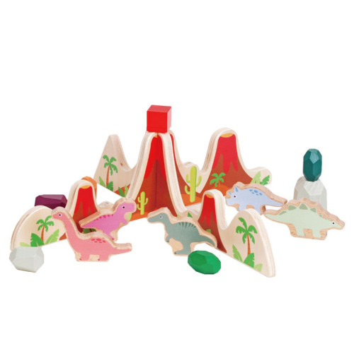 Wooden Playset Dinosaur Volcano with Colorful Blocks