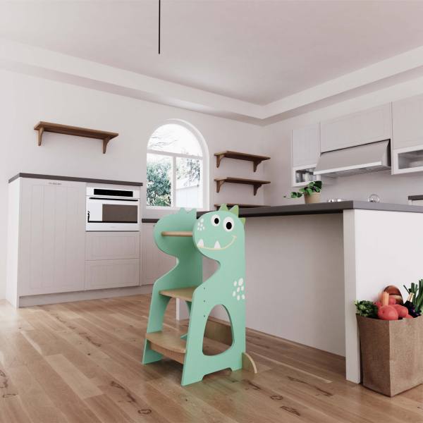 Taburete infantil con diseño de corona y temática de dinosaurios