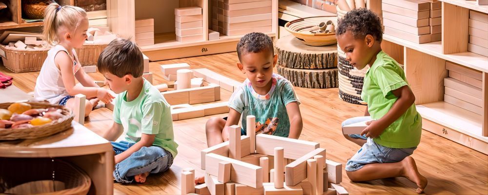 Child playing with Montessori wooden toys
