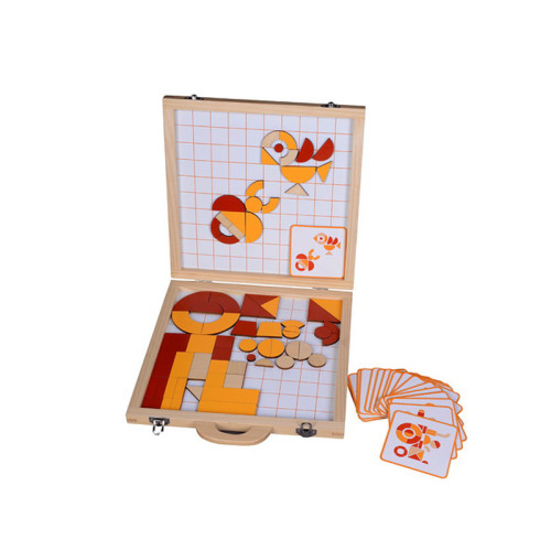 Magnetic Board Puzzle for Kids, Wooden Storage Case, Educational Geometry Game, Portable Travel Toy, Customizable for Brands