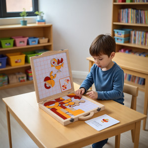 Magnetic Board Puzzle for Kids, Wooden Storage Case, Educational Geometry Game, Portable Travel Toy, Customizable for Brands